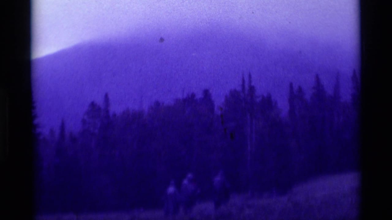 1975 Montana 8mm frame showing small hikers near a forest edge with dark trees and distant mountains under a purple cast.