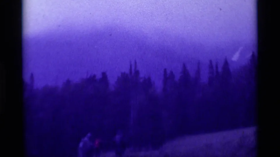 Purple-tinted 8mm view of hikers moving through a forested Montana landscape with mountain forms in the background.