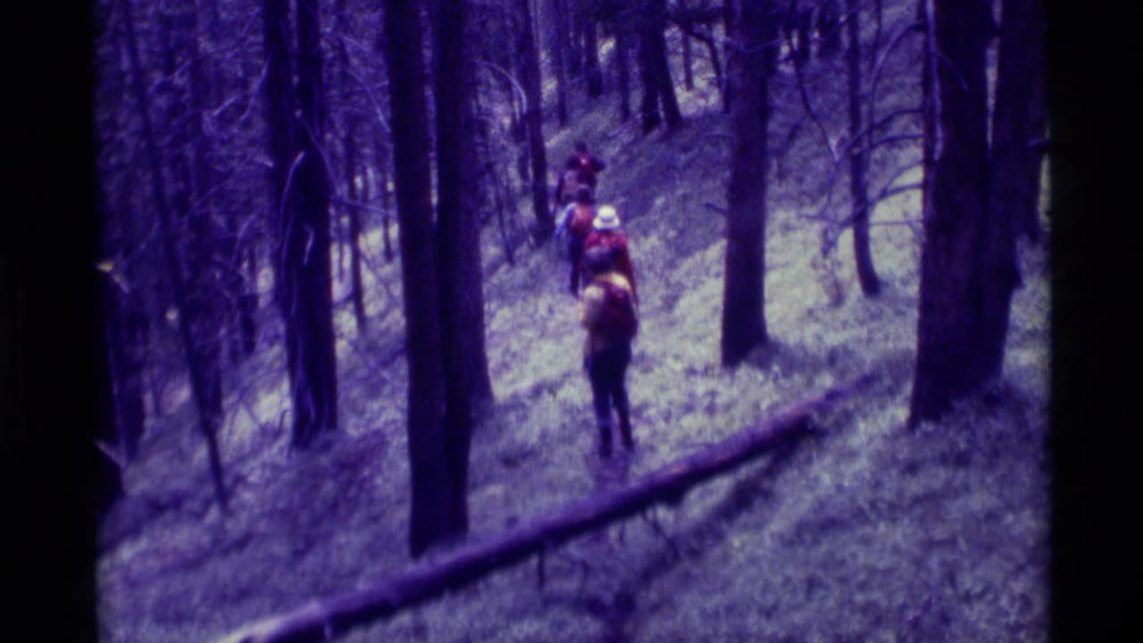 1975 8mm home-movie frame of a small hiking group moving away through trees in Agate Springs, Montana.