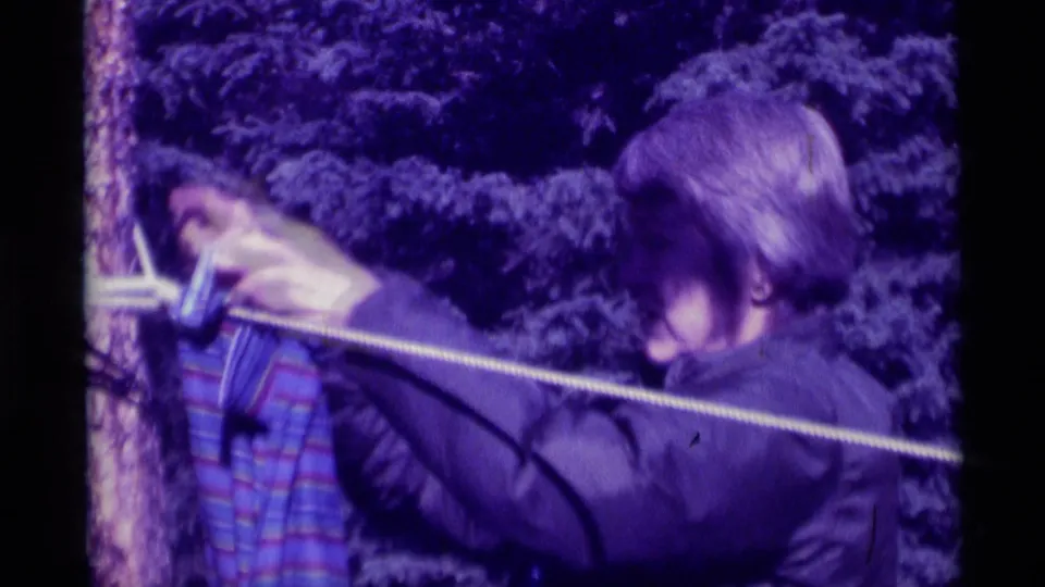The laundry task continues as a person stretches a striped garment along the clothesline beside a tree and shrubs.