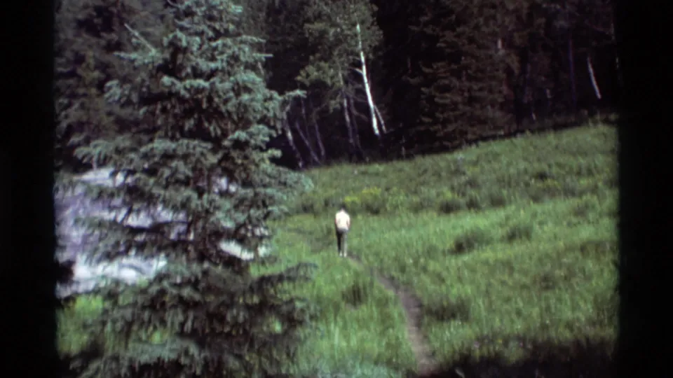 In Agate Springs, Montana, a distant hiker walks away along a narrow path through a green meadow bordered by evergreens.