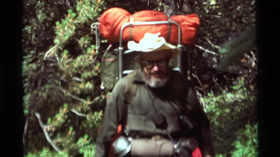 An older man wearing glasses and a wide-brimmed hat carries an external-frame backpack with a bright sleeping bag through Montana woods.