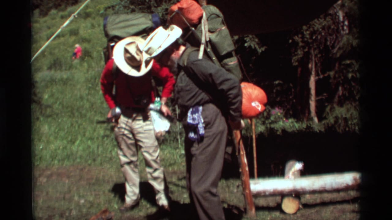 Hikers with backpacks and wide-brim hats stand in a grassy clearing near cut logs.
