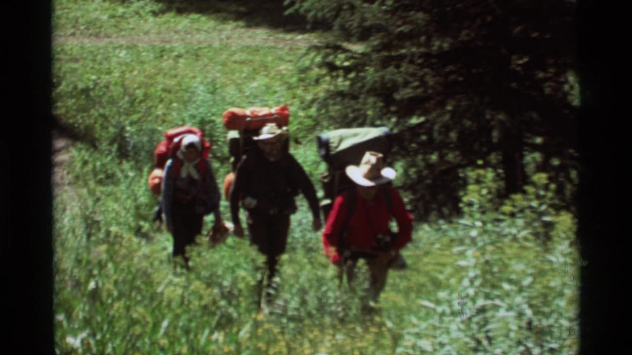 Three backpackers hike through tall green grass in Agate Springs, Montana, in 1975 home-movie footage.