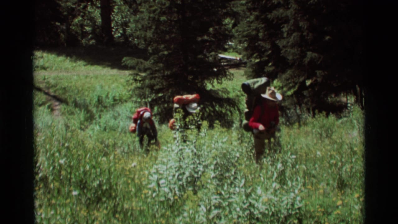 Three hikers with large packs cross a tall green meadow in Agate Springs, Montana, in 1975 home-movie footage.