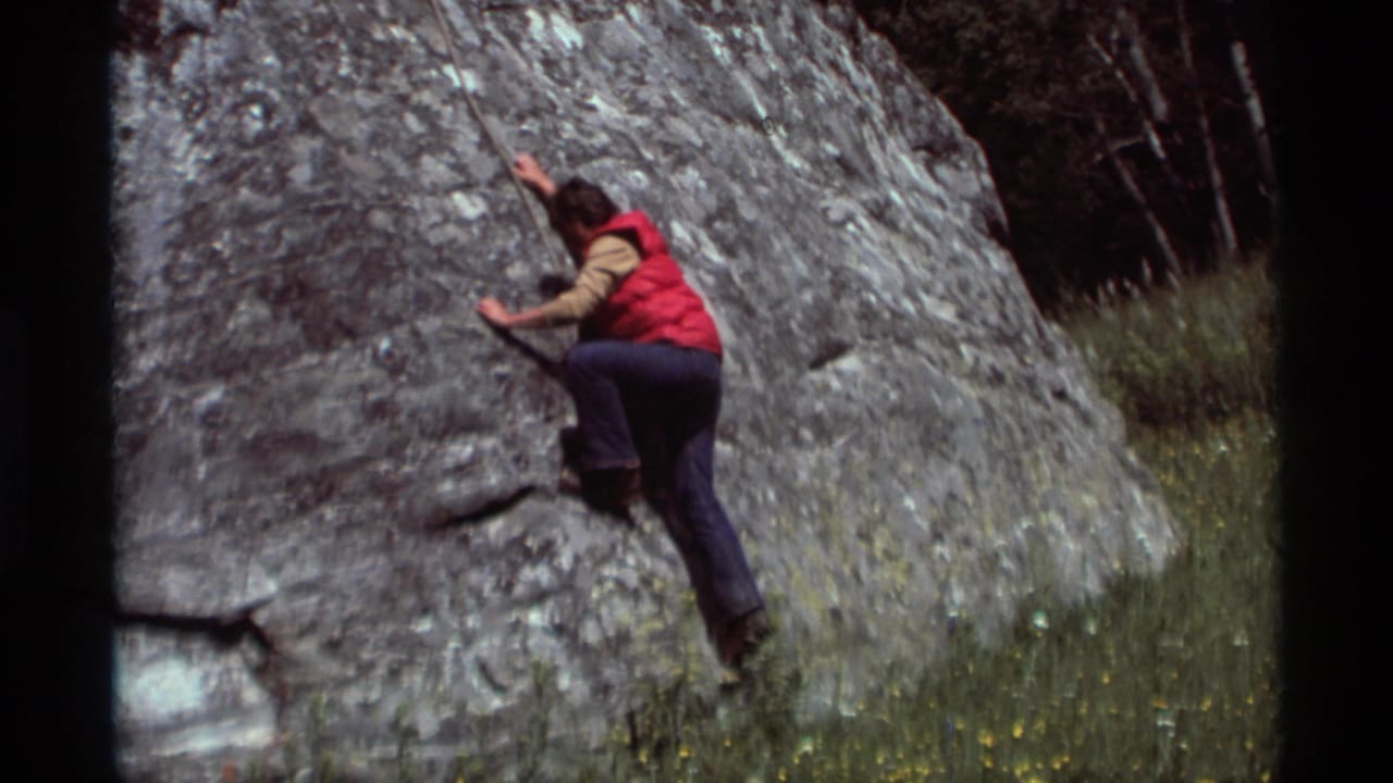The climber reaches higher on the boulder, with grass and trees visible behind the rock face.