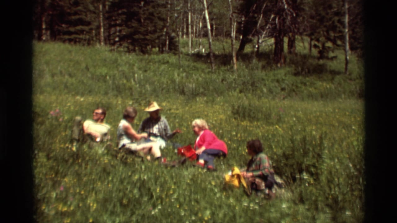 1975 Agate Springs, Montana home-movie frame showing five adults seated in tall grass with picnic bags near a wooded meadow.