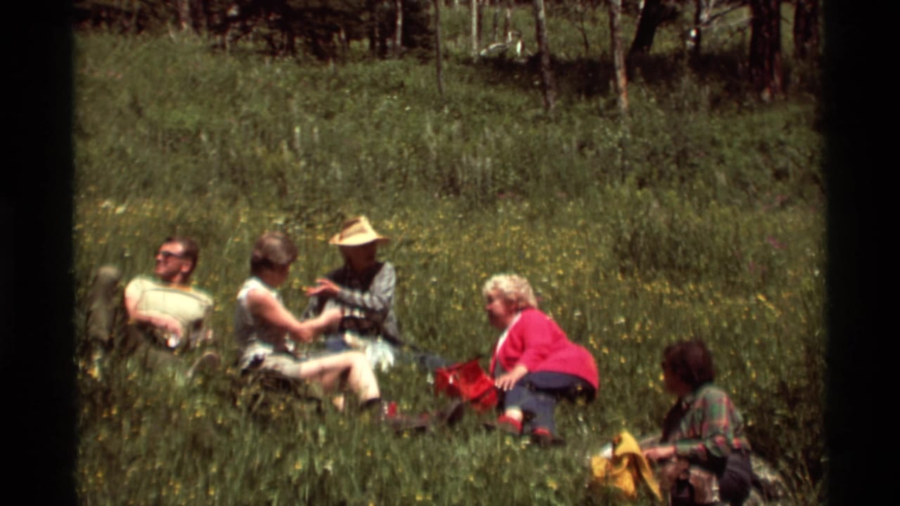 Adults sit close together in a meadow with picnic bags and trees behind them.
