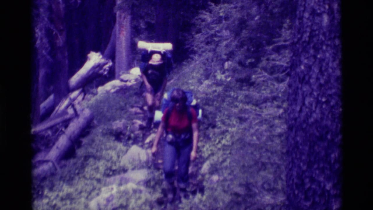 Backpackers in a 1975 Agate Springs, Montana home movie approach along a shaded forest path with logs and trees nearby.