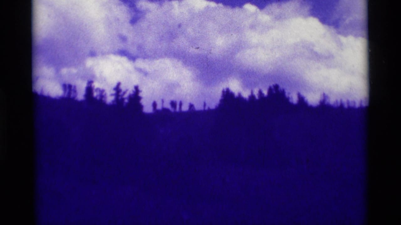 Tree-covered hill silhouette under puffy clouds in a purple sky.