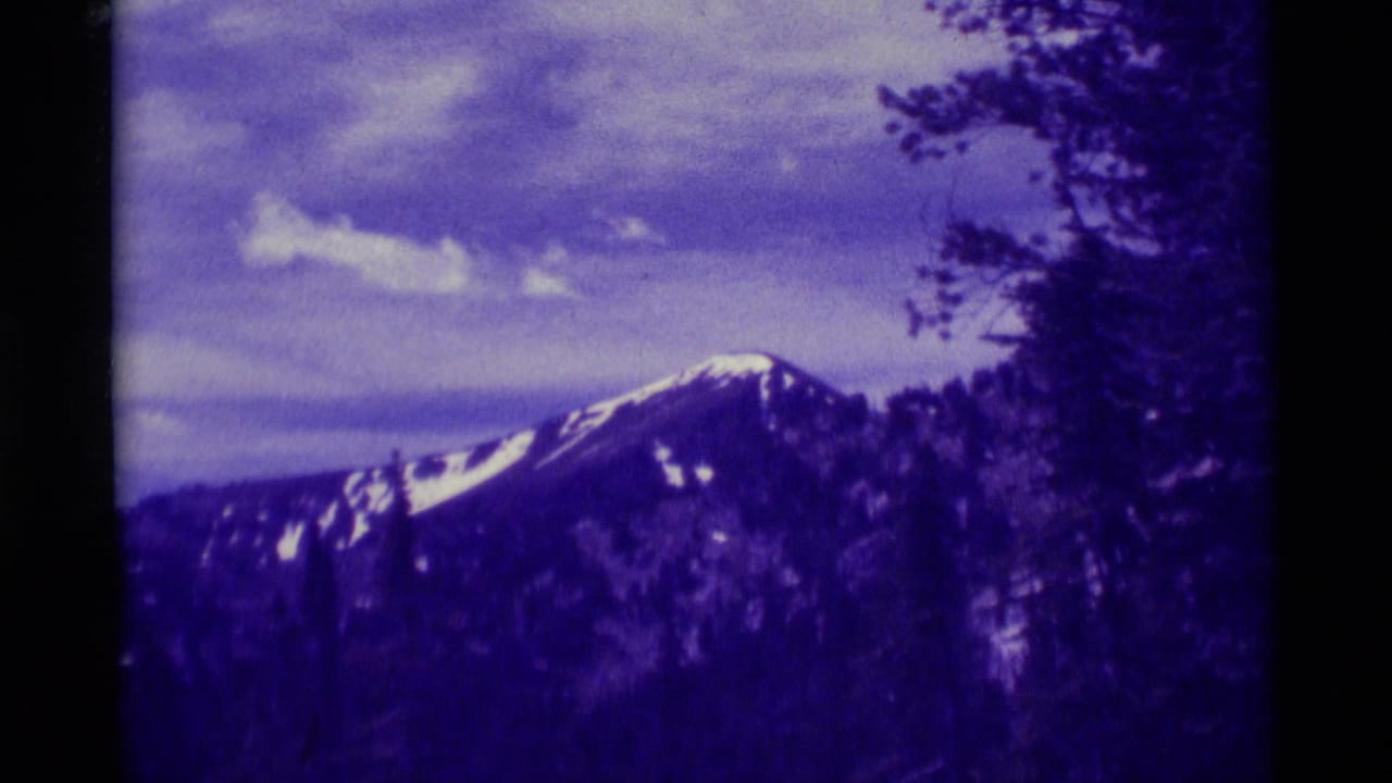 Distant snow-capped ridge with dark trees in the foreground and clouds overhead.