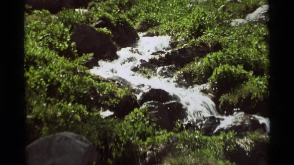 1975 home-movie footage frame of water cascading over dark rocks, with green streamside growth filling much of the view.
