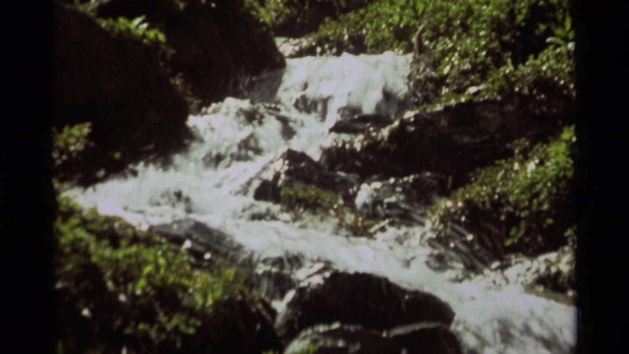 A second 1975 8mm view of the rocky Montana stream, with bright white water and dark foliage at the banks.