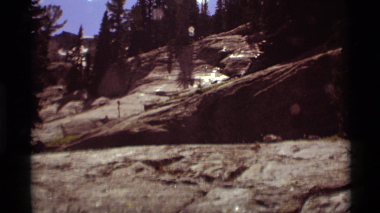 Rocky mountain slope with evergreen trees, logs, blue sky, and bright clouds.