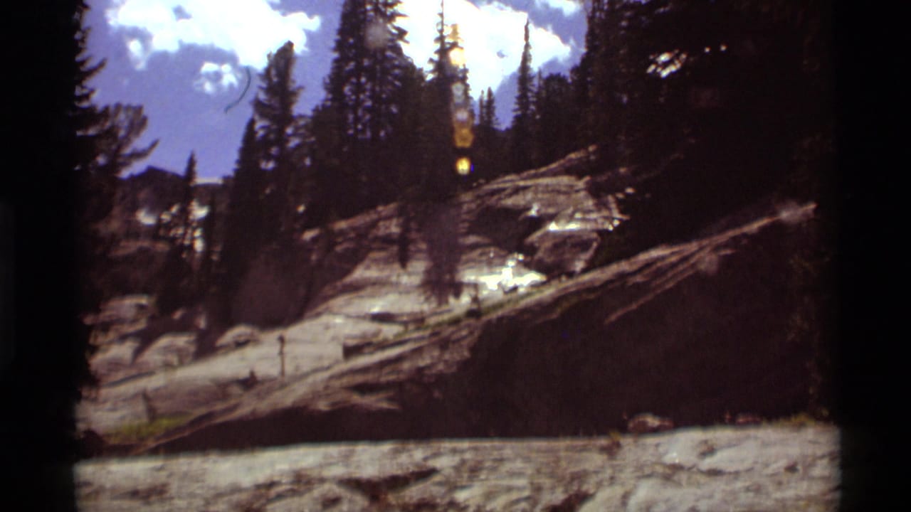 8mm frame of the Agate Springs mountain slope, showing evergreens, exposed rock, scattered logs, and lens flare in the sky.