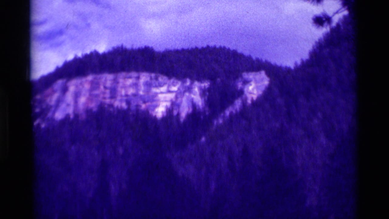 Purple-tinted mountain cliff above a dark evergreen forest with black film borders.