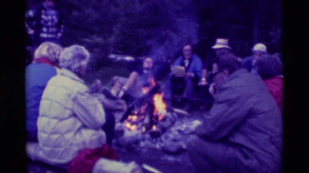 A group sits in a circle around a bright fire with trees behind them.