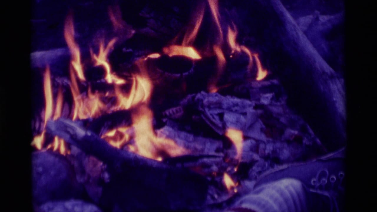 Close 8mm frame of orange flames and dark logs from the Agate Springs campfire sequence.
