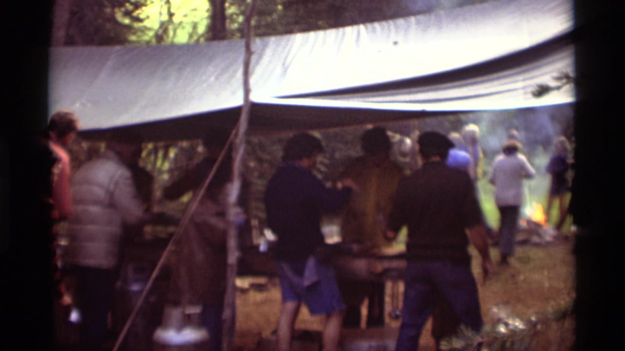 Adults gather under a tarp shelter in the woods near cooking items and smoke.