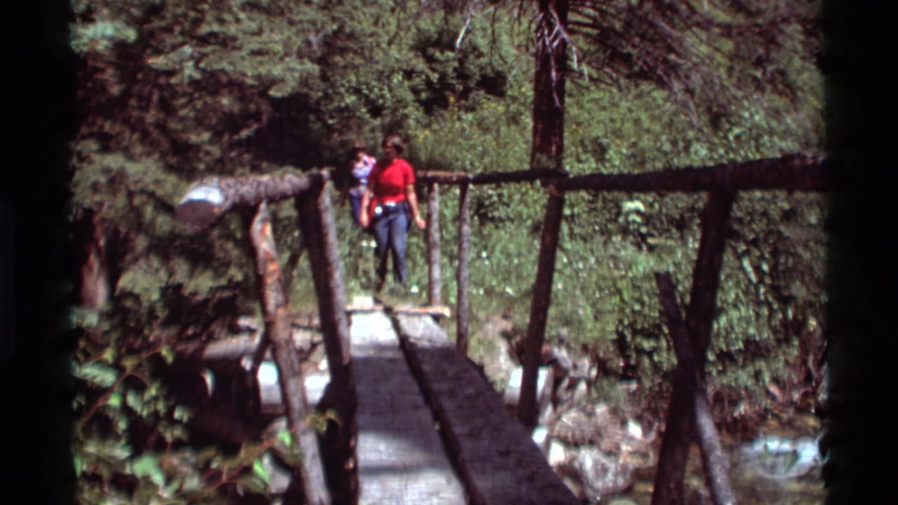 Two sightseers in a wooded Agate Springs, Montana setting approach a narrow wooden bridge over a rocky stream in 1975 home-movie footage.