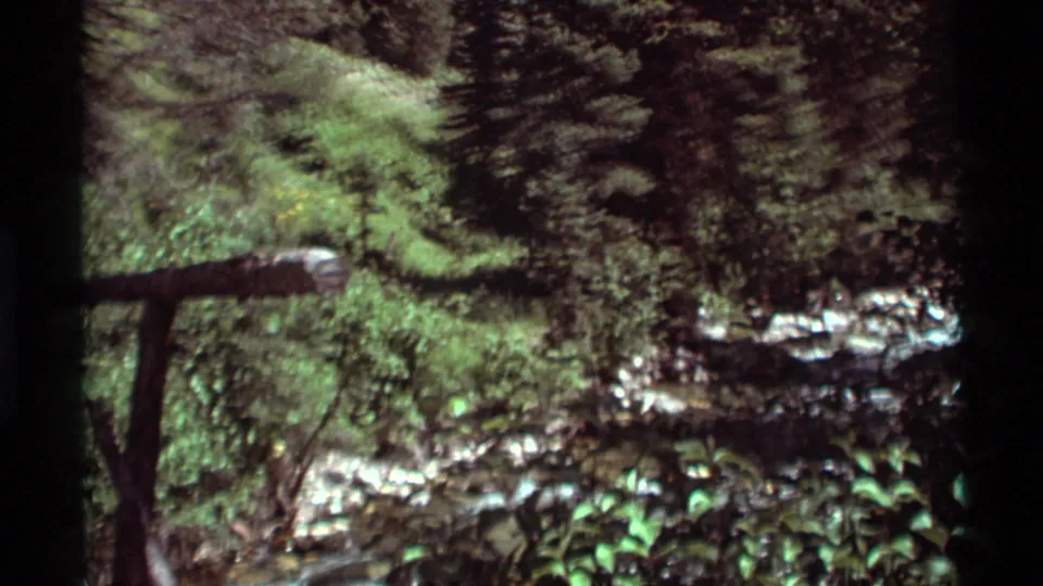 The camera holds on the rustic bridge railing and rocky forest stream in the Agate Springs, Montana home-movie scene.