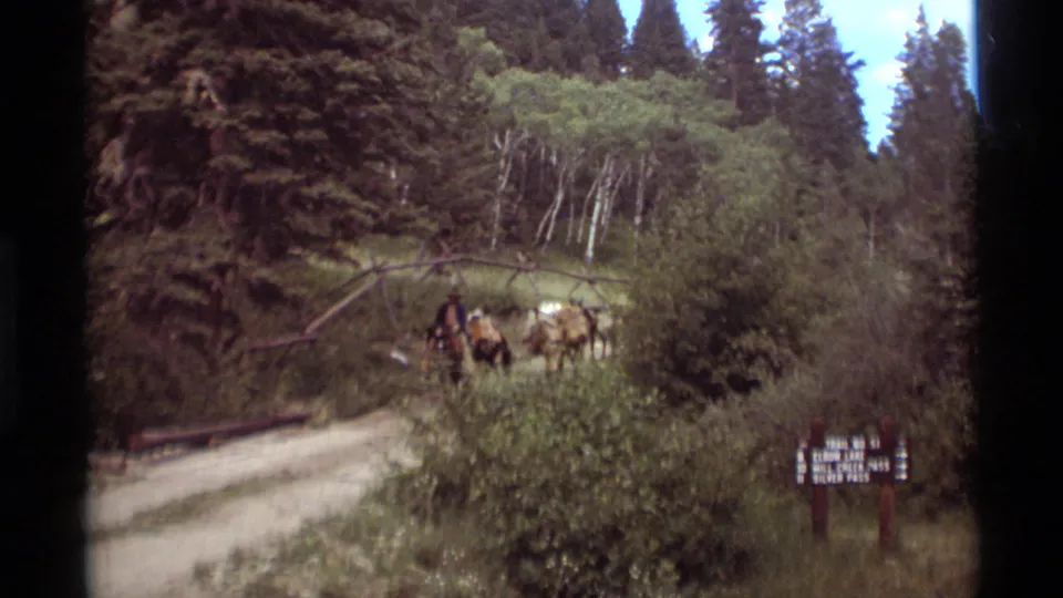 Several riders on horseback pass through the wooded Agate Springs trail scene, with dense brush, evergreens, and a sign at right.