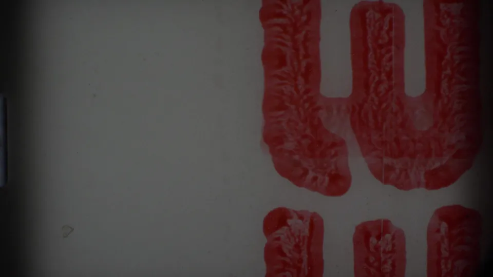 Abstract red marks appear on the pale, grainy 8mm frame before the Alaska title card emerges.