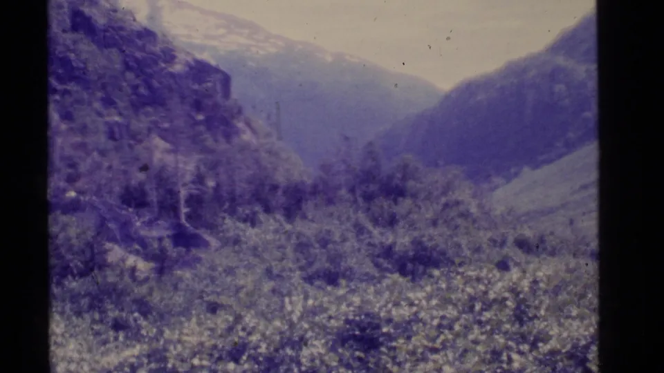1977 8mm Alaska frame showing rocky terrain, low bushes, and distant mountain slopes under a pale sky.