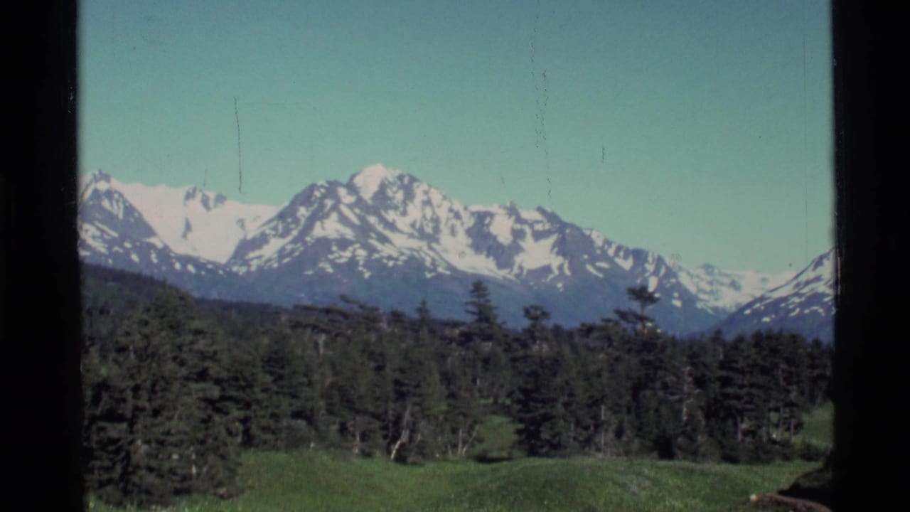 Alaska 8mm home-movie frame showing snow-capped mountains under a pale sky beyond dark evergreen forest.