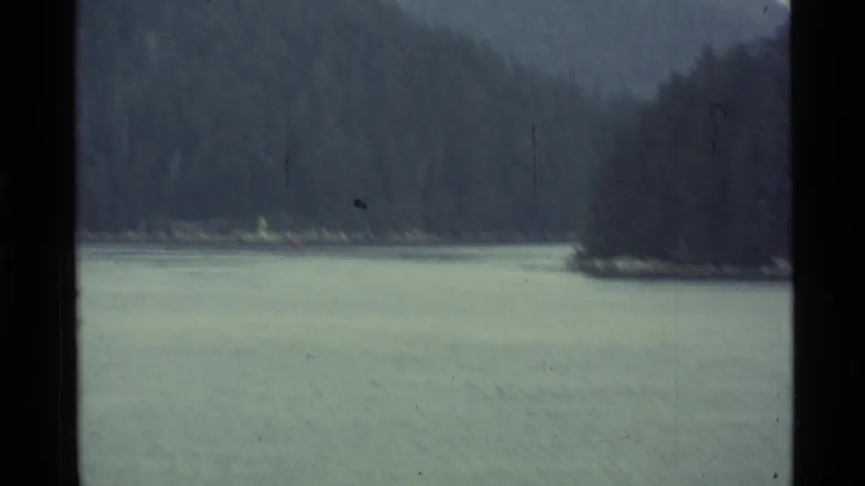 1977 Alaska 8mm frame looking across water toward a shadowed forest shoreline and hills beyond.