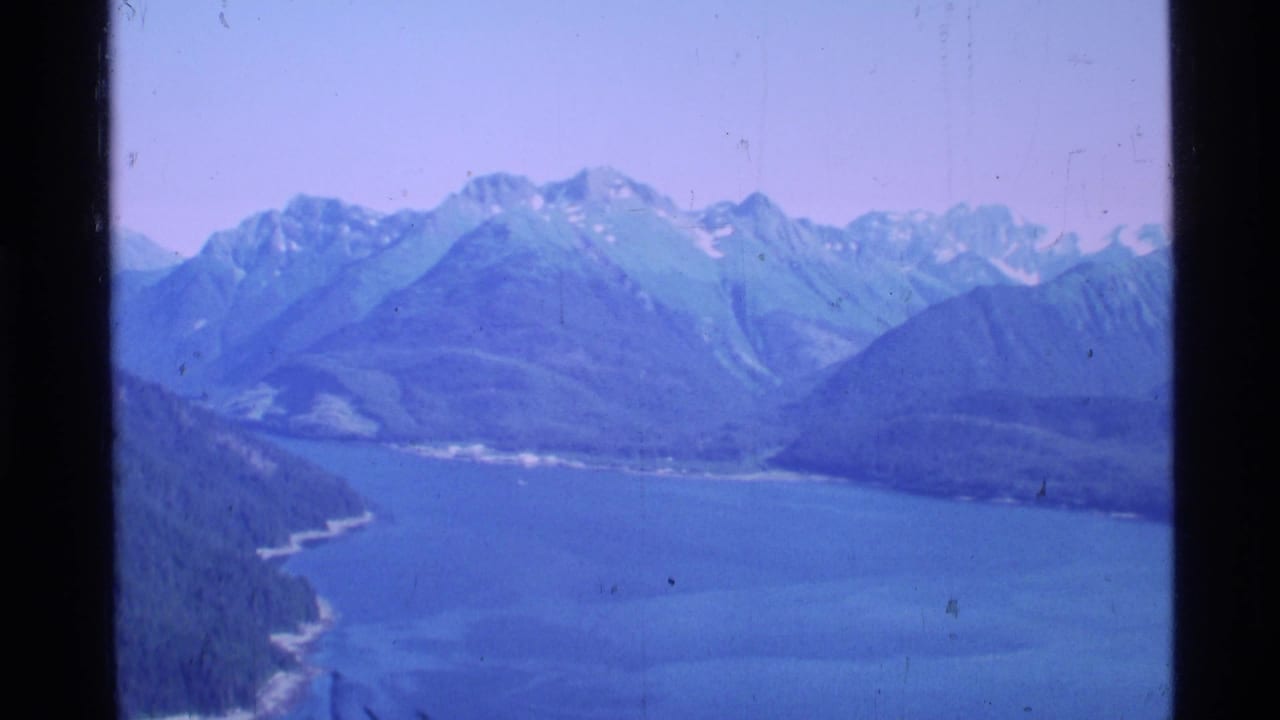 Blue fjord below forested mountains with snow-capped peaks in the distance.