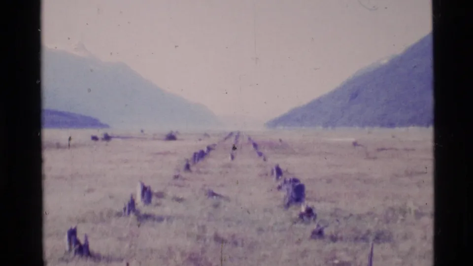 1977 Alaska 8mm landscape looking down a broad valley between mountains, with dark stumps or posts in the foreground.