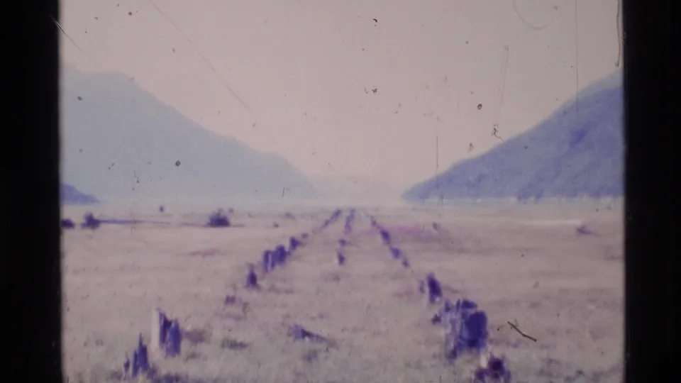 1977 Alaska 8mm frame showing a quiet valley between mountains, with rows of dark posts or stumps fading into the distance.