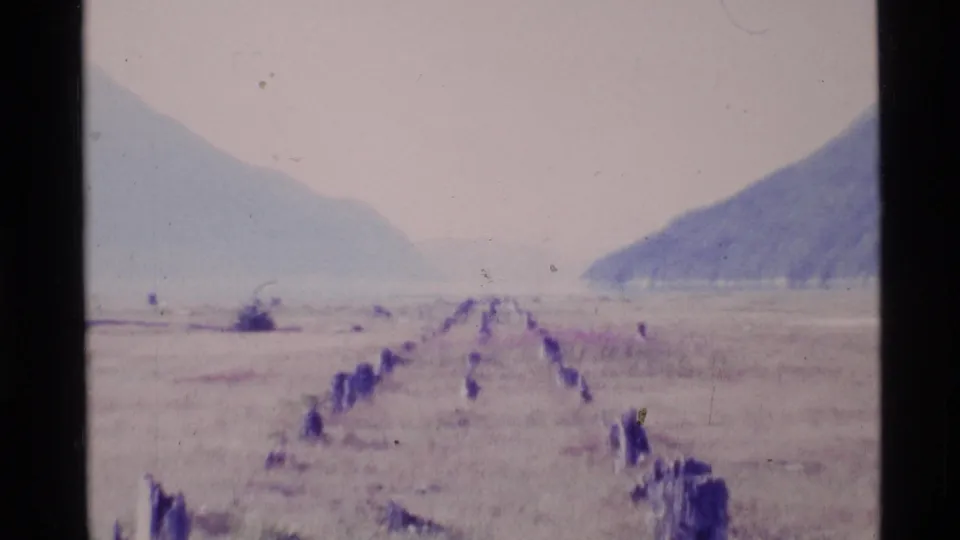 1977 Alaska home-movie frame showing a pale field between mountains, with a rough line of posts or stones receding toward the horizon.