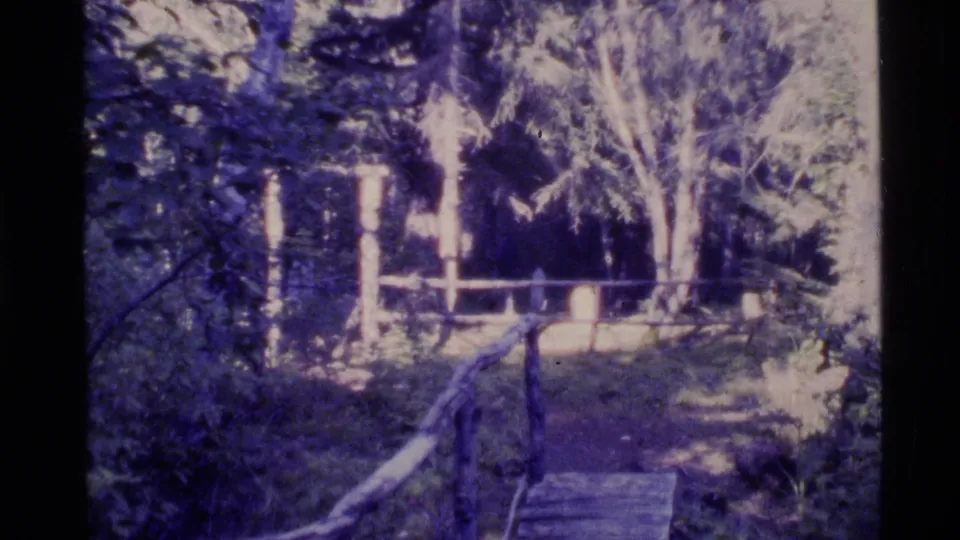 1977 Alaska home-movie frame showing a narrow wooden walkway with railings through a dense, shaded forest setting.