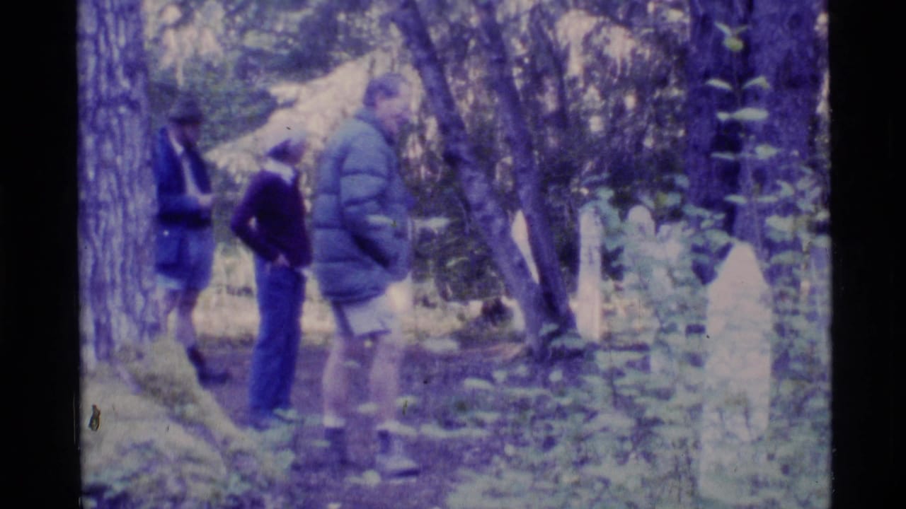1977 Alaska 8mm frame showing visitors in casual clothing walking among trees and old cemetery markers.