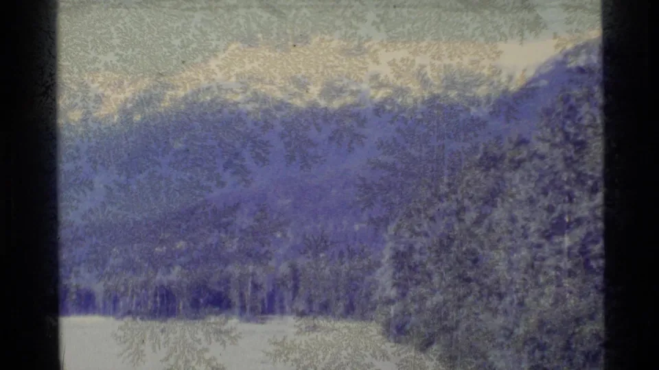 A snowy Alaskan river plain appears below forested hills and pale mountain ridges.