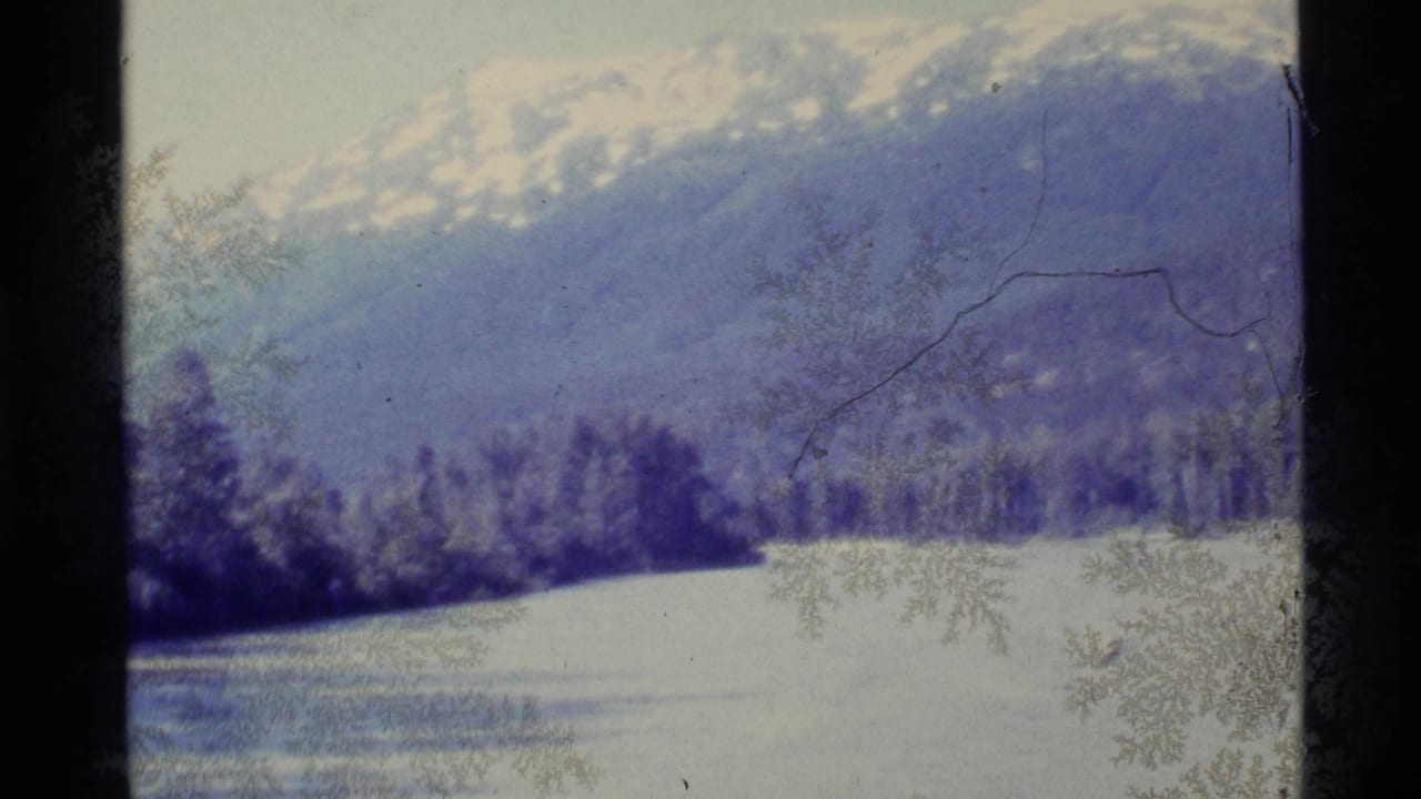1977 Alaska 8mm frame showing a snowy mountain slope, evergreen tree line, and bright frozen water or snowfield with blue color cast.