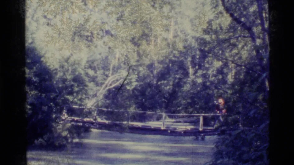 A low wooden footbridge crosses water in a dense Alaska forest, with a distant hiker visible near the right side of the frame.
