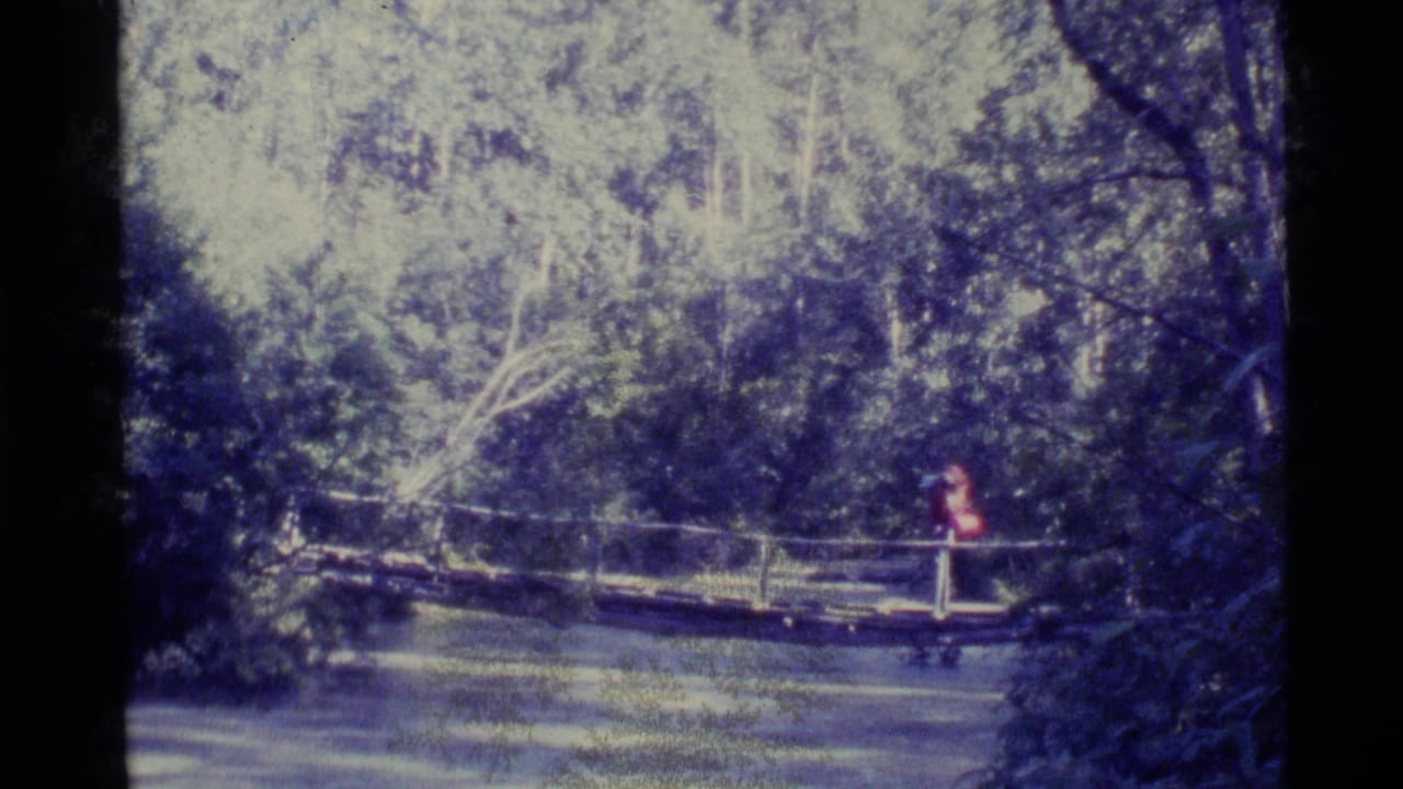 1977 Alaska 8mm frame showing backpackers on a narrow wooden footbridge surrounded by trees and creek water.