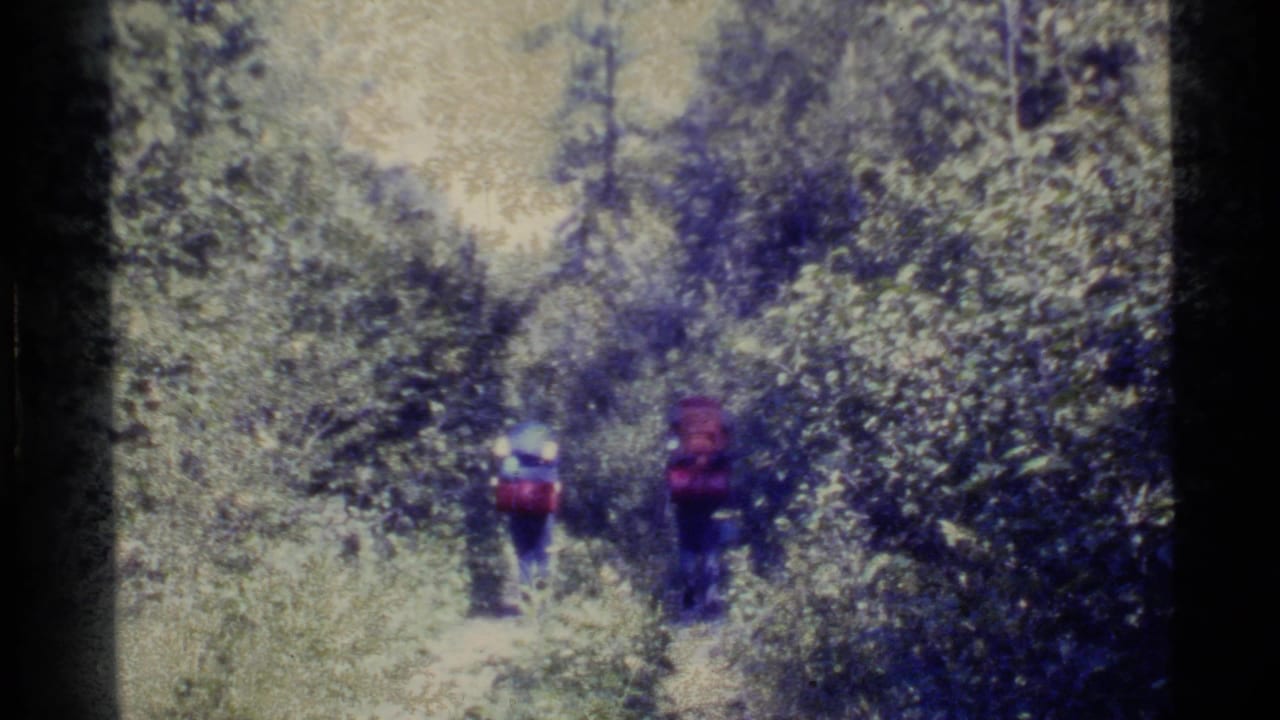 Two hikers with large packs move away through dense Alaska woods in 1977 home-movie footage.