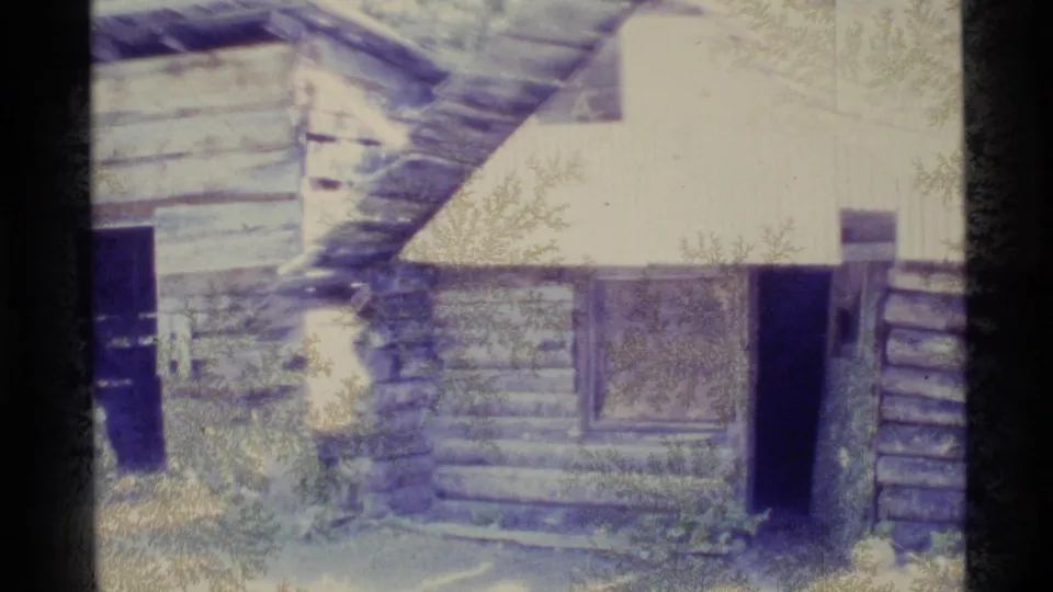 Weathered log cabin exterior in the woods, with plank siding, windows, and a dark open doorway.