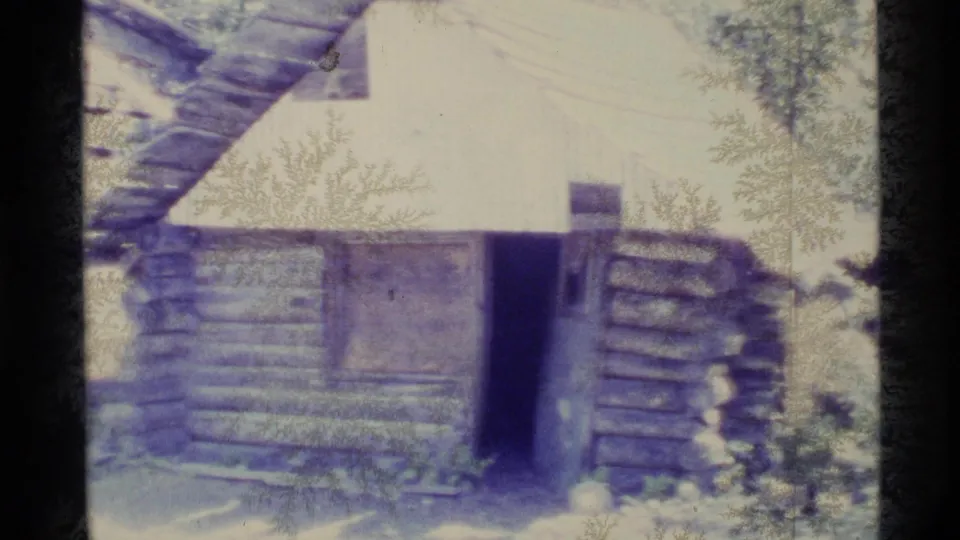 Soft 8mm view of a wooded log cabin exterior with a dark doorway, windows, and surrounding trees.