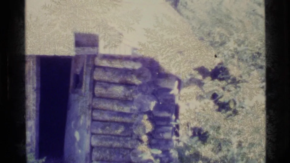 1977 Alaska 8mm frame with the cabin doorway closer in view, showing rough logs, vegetation, and faded film color.