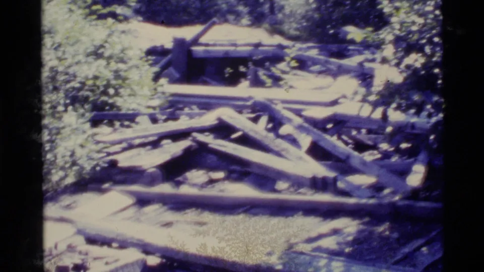 1977 Alaska home-movie frame showing scattered collapsed wood and boards in vegetation near the abandoned cabin area.