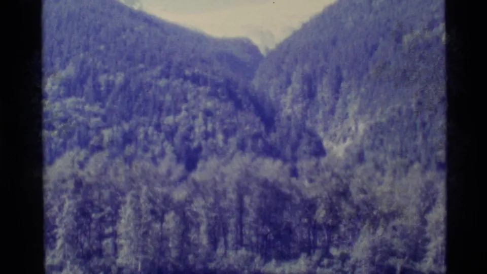 1977 Alaska home-movie frame showing a wider forested mountain valley, snow near the upper ridge, grain, fading, and dark scan borders.