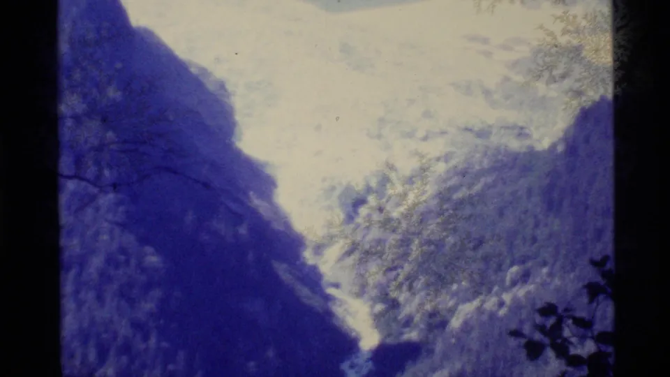 1977 Alaska 8mm view of white snowfields on dark mountain slopes, with faint branches and blue-tinted film texture.