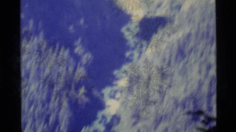 1977 Alaska 8mm view of blue-tinted snowy mountains, a bright valley gap, and dark branches along the frame edge.