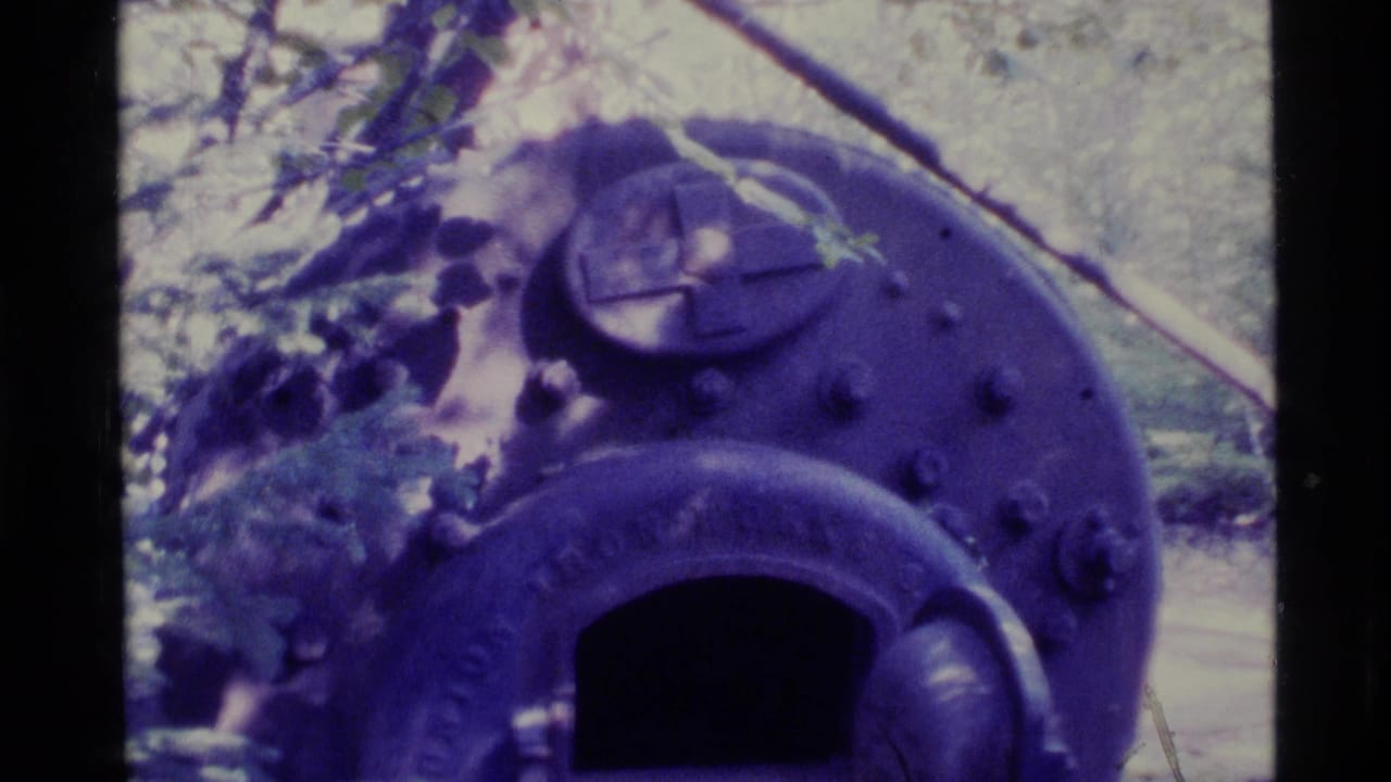 1977 Alaska 8mm frame showing a dark rounded metal stove or furnace near trees, with soft focus and purple color cast.