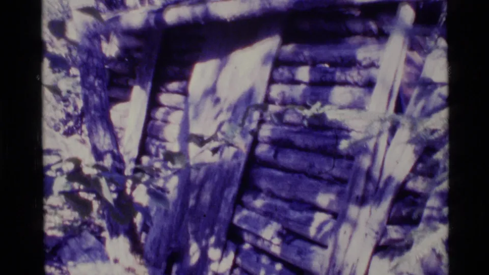 1977 Alaska 8mm frame of a weathered log wall and leaning planks, partly obscured by trees and brush.